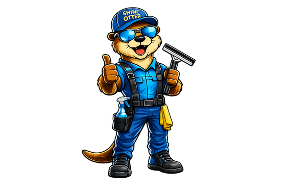 Shine Otter mascot giving a thumbs up with a squeegee