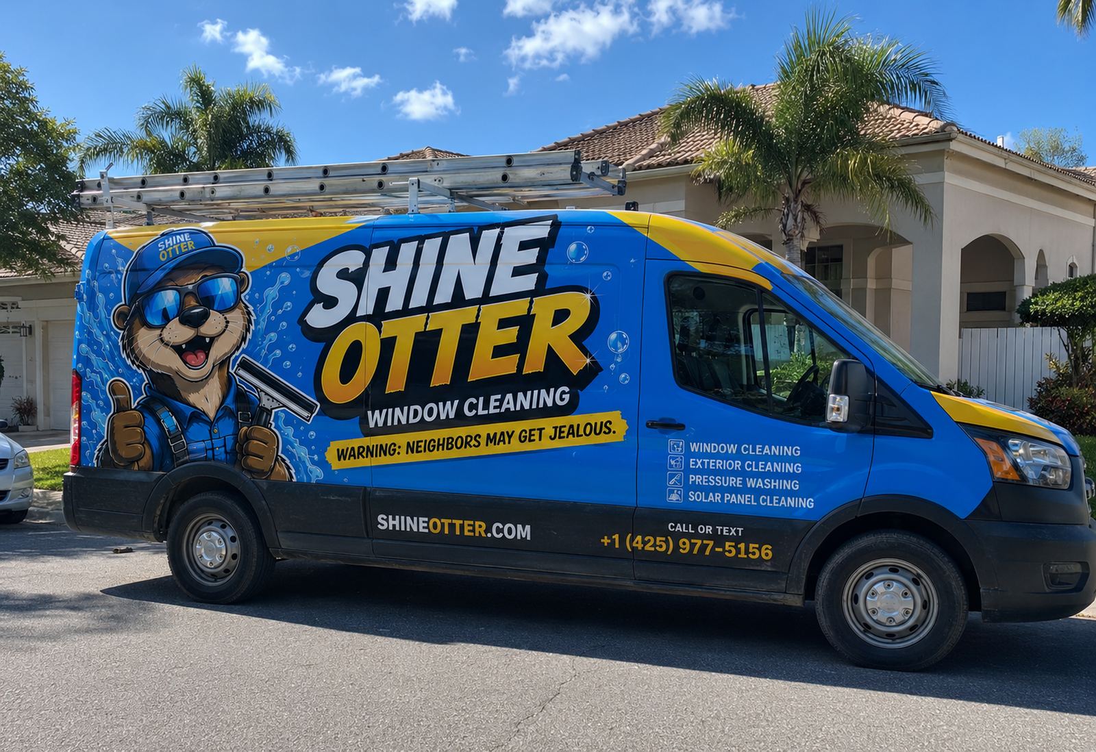 Shine Otter Window Cleaning service van parked in front of a home