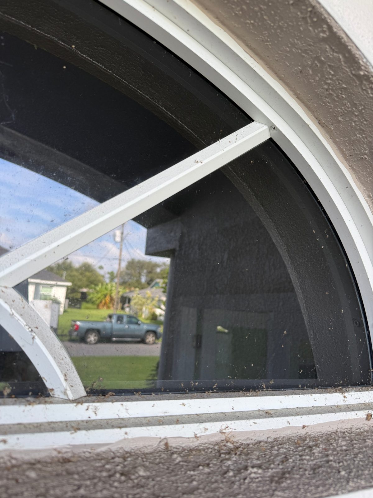 Close-up of an arched window before cleaning, with cobwebs and debris on the white grille bar, frame and sill and specks on the glass
